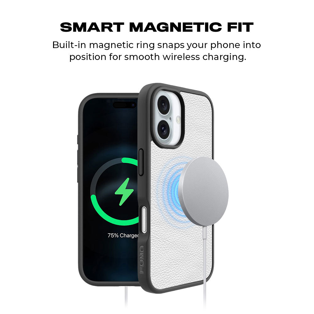 White Leather Textured Skin with Shockguard Armour Magsafe Case for Apple iPhone 16 Plus