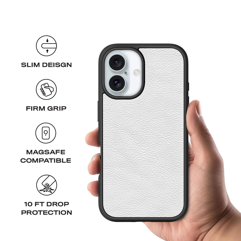 White Leather Textured Skin with Shockguard Armour Magsafe Case for Apple iPhone 16 Plus