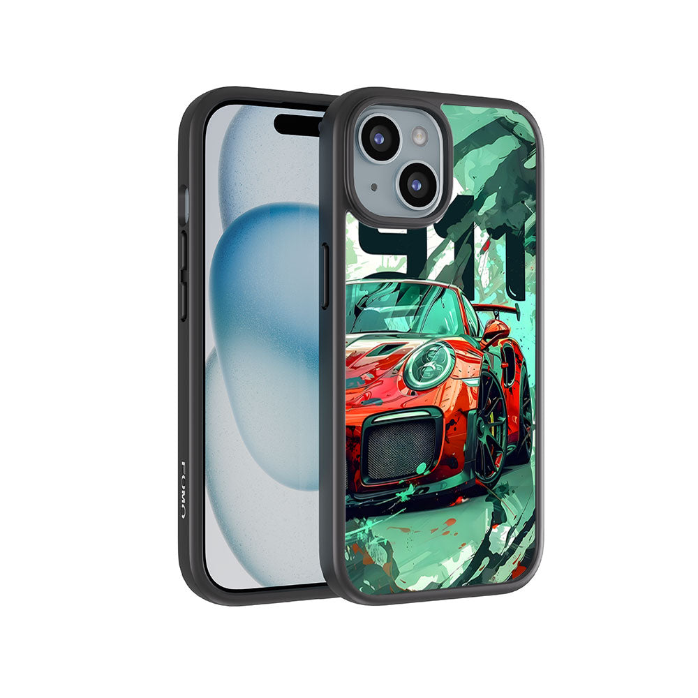 Red Porsche GT 911 Skin with Shockguard Armour Magsafe Case for Apple iPhone 15