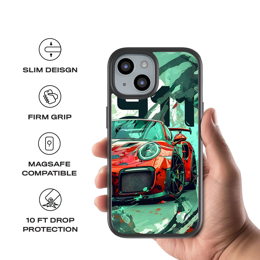 Red Porsche GT 911 Skin with Shockguard Armour Magsafe Case for Apple iPhone 15