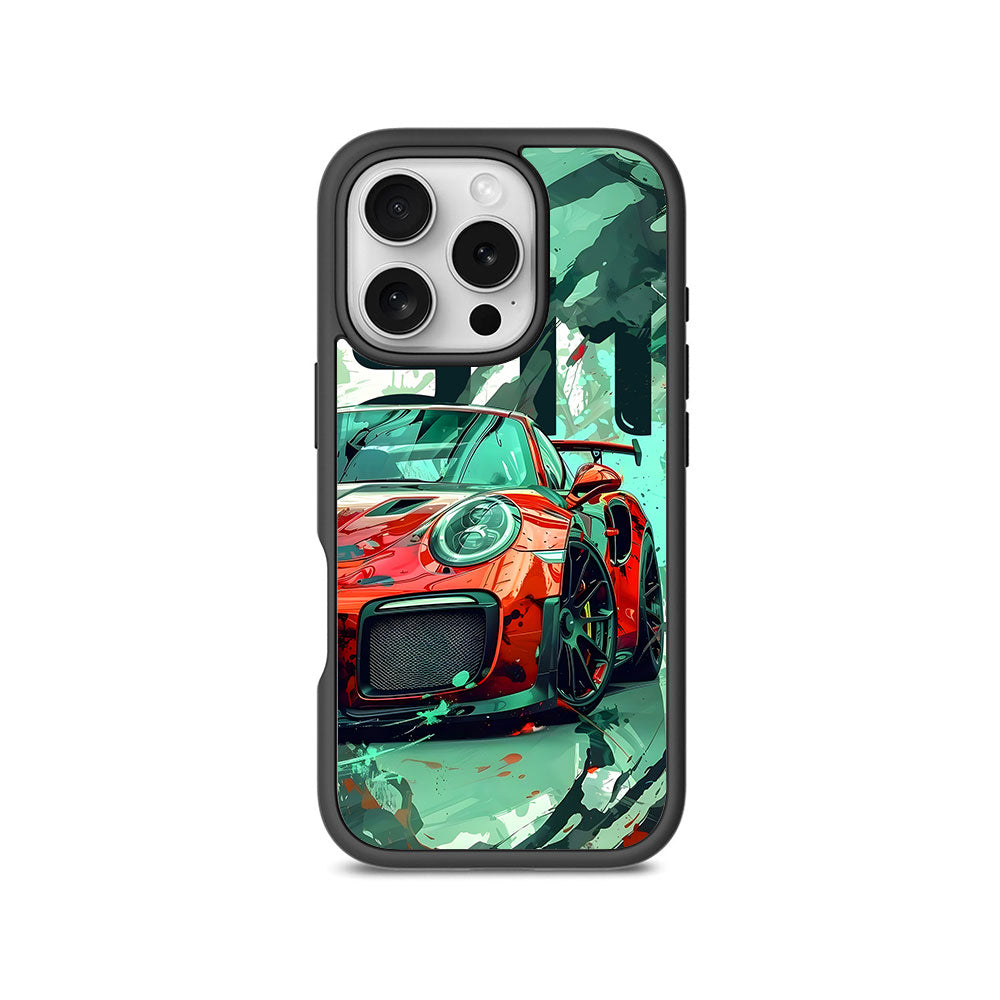 Red Porsche GT 911 Textured Skin with Shockguard Armour Magsafe Case for Apple iPhone 16 Pro