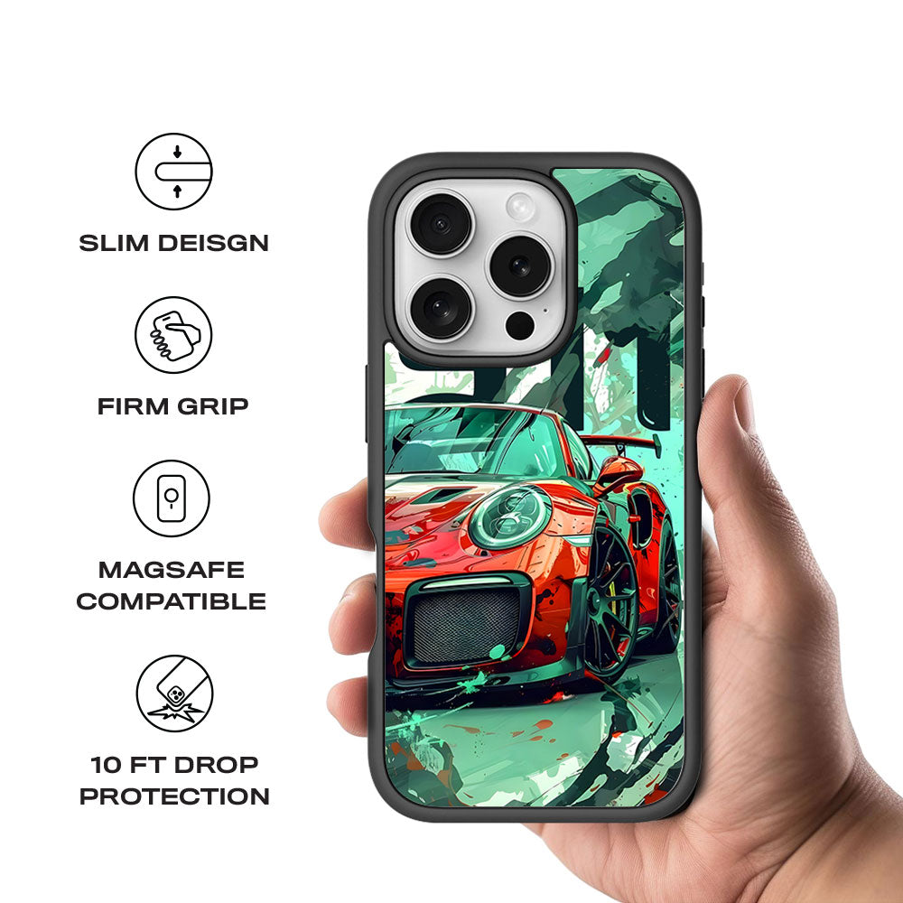 Red Porsche GT 911 Textured Skin with Shockguard Armour Magsafe Case for Apple iPhone 16 Pro