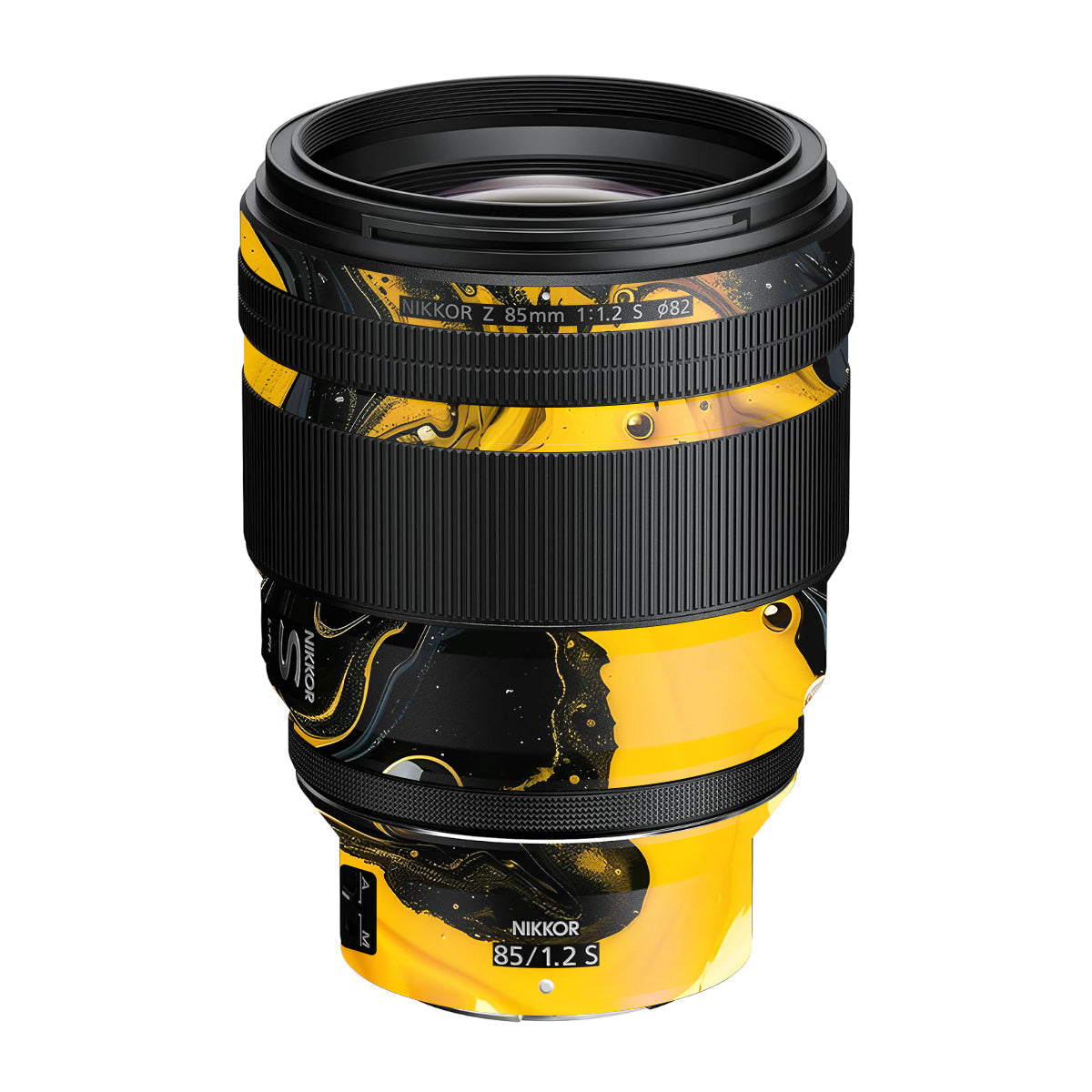 Yellow and Black Paint Swirls Nikon Nikkor Z 85mm F/1.2 S Camera Lens Skin