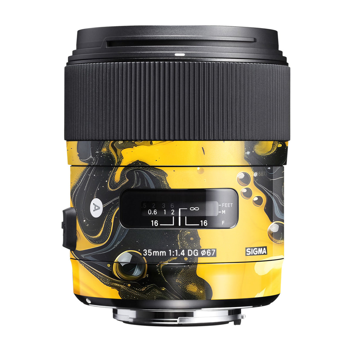 Yellow and Black Paint Swirls Sigma 35mm F/1.4 DG Canon Mount Camera Lens Skin