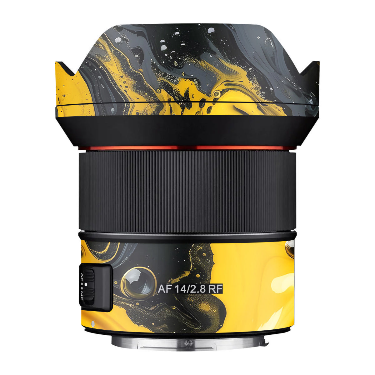 Yellow and Black Paint Swirls Samyang AF 14mm F/2.8 RF Camera Lens Skin