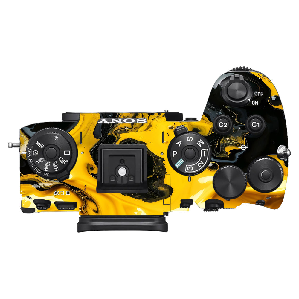 Yellow and Black Paint Swirls Sony A9III Camera Skins
