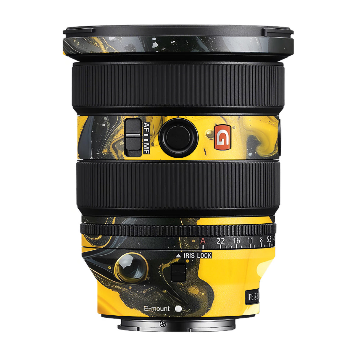Yellow and Black Paint Swirls Sony FE 16-35mm F/2.8 GM II Camera Lens Skin