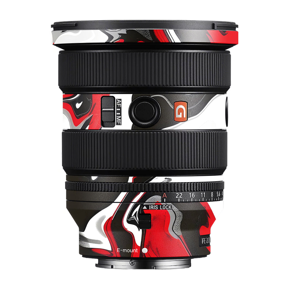 Scarlet and White Motion Sony FE 16-35mm F/2.8 GM II Camera Lens Skin