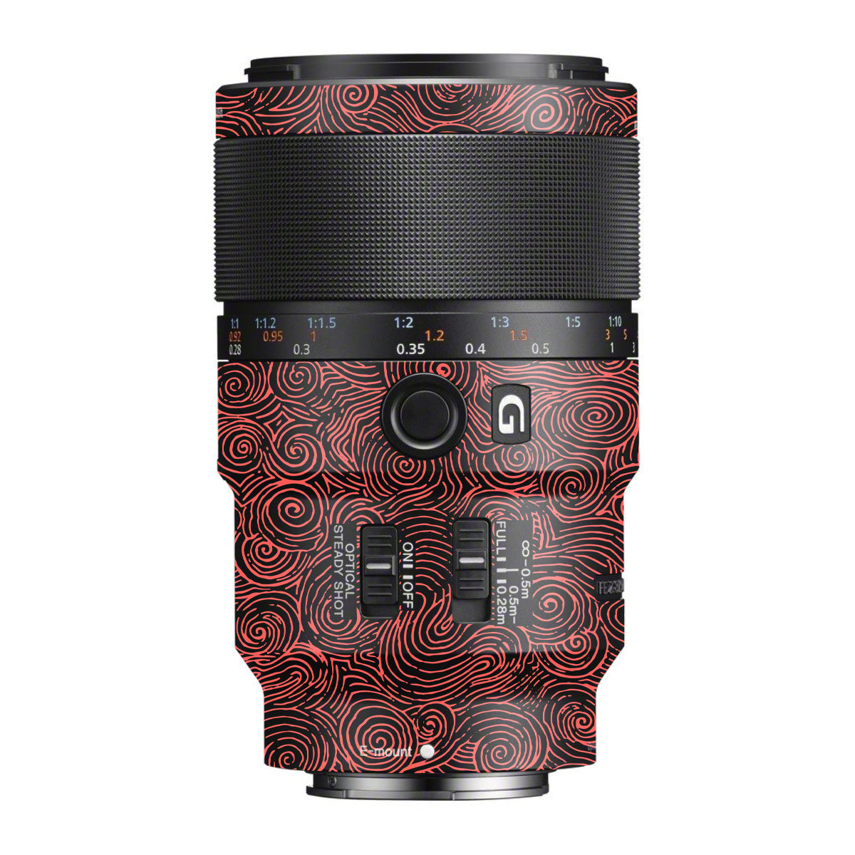 Red Spirals Sony FE 90mm F/2.8 Macro OSS Camera Lens Skin
