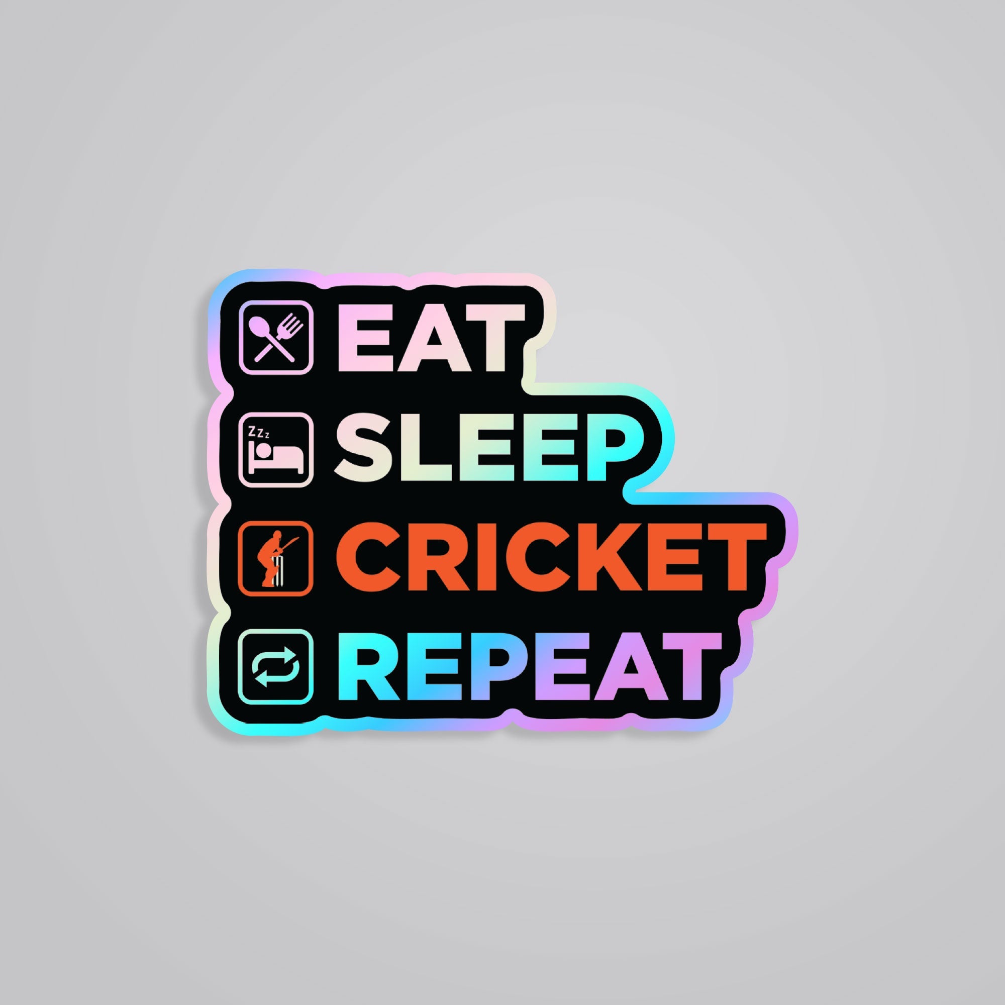 Fomo Store Holographic Stickers Sports Eat Sleep Cricket Repeat in Black