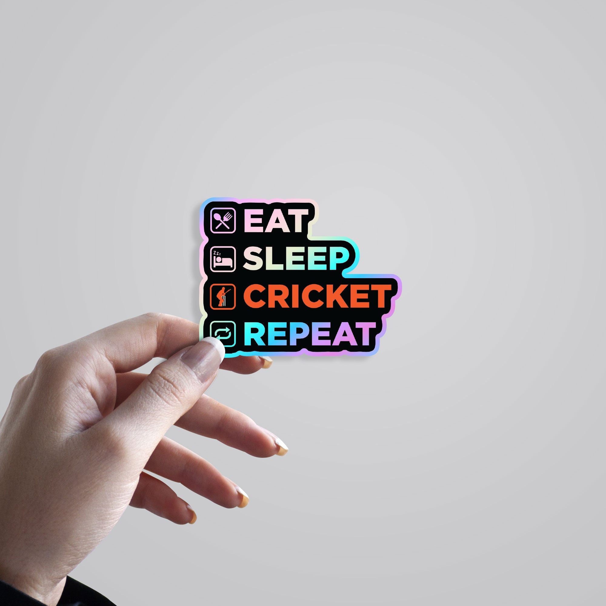 Eat Sleep Cricket Repeat in Black Holographic Stickers