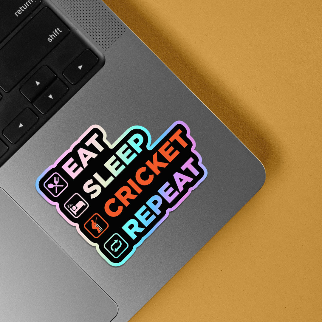 Eat Sleep Cricket Repeat in Black Holographic Stickers