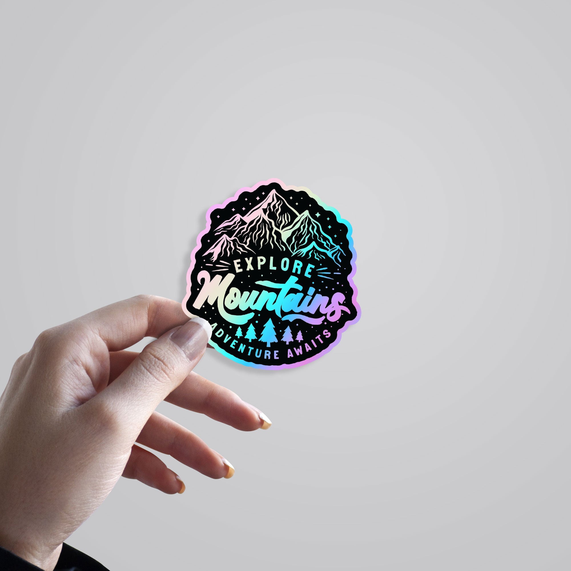 Explore Mountains Adventure Awaits Holographic Stickers