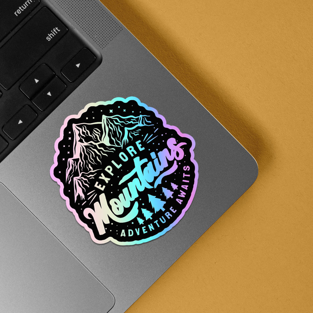 Explore Mountains Adventure Awaits Holographic Stickers