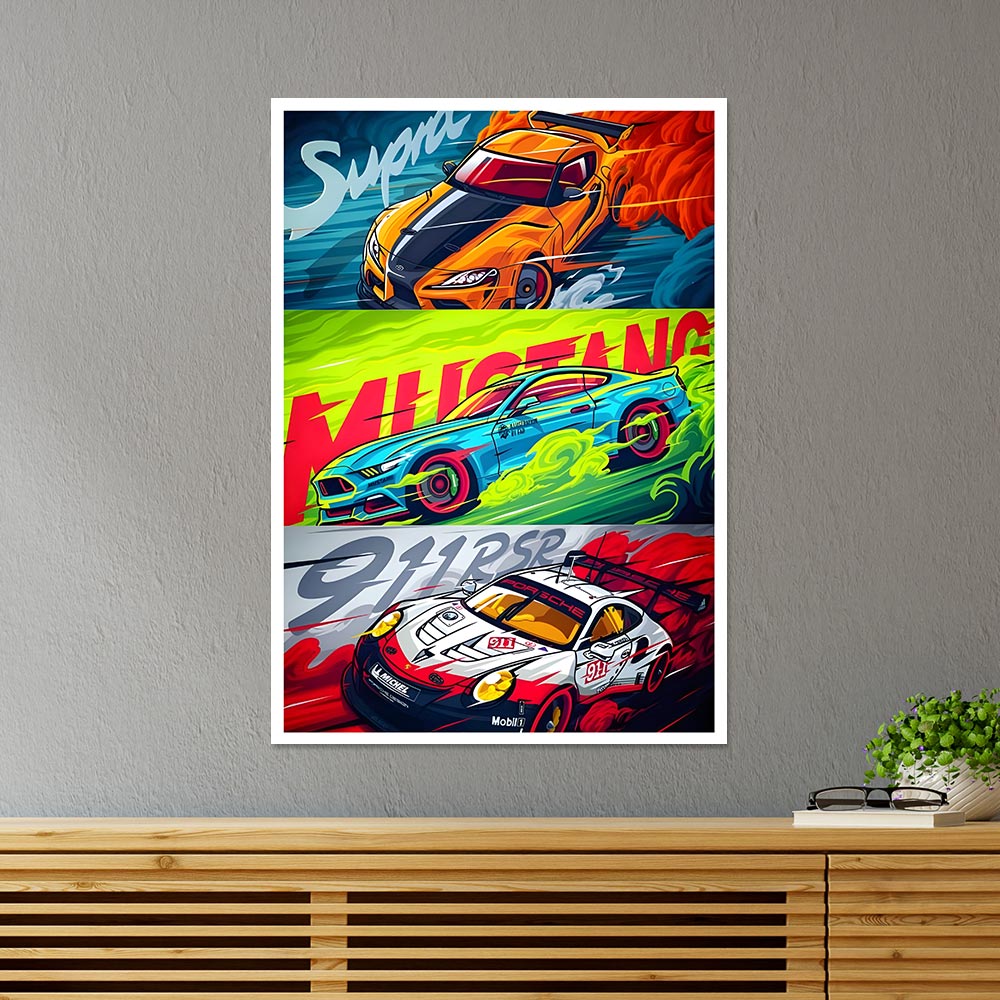 Supra, Mustang and 911RSR Cars & Bikes Poster