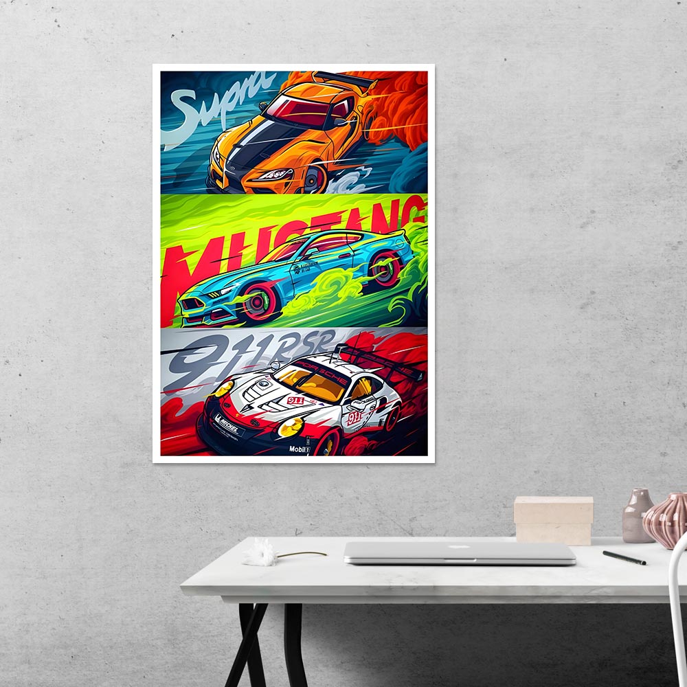 Supra, Mustang and 911RSR Cars & Bikes Poster