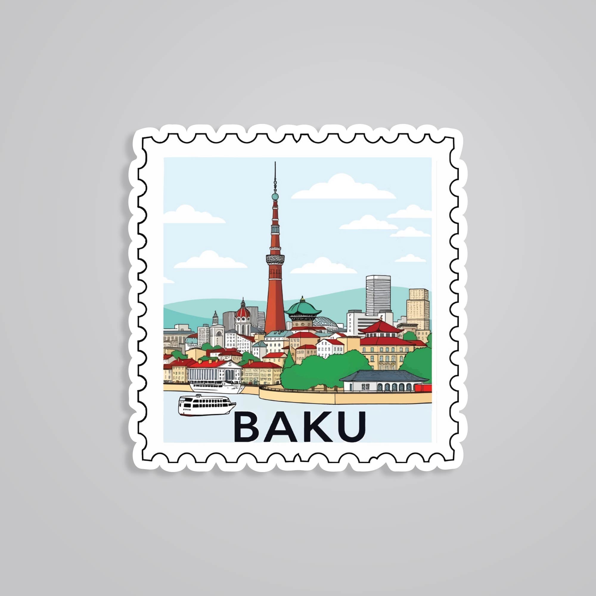 Fomo Store Stickers Travels Baku City and Tower Post Stamp