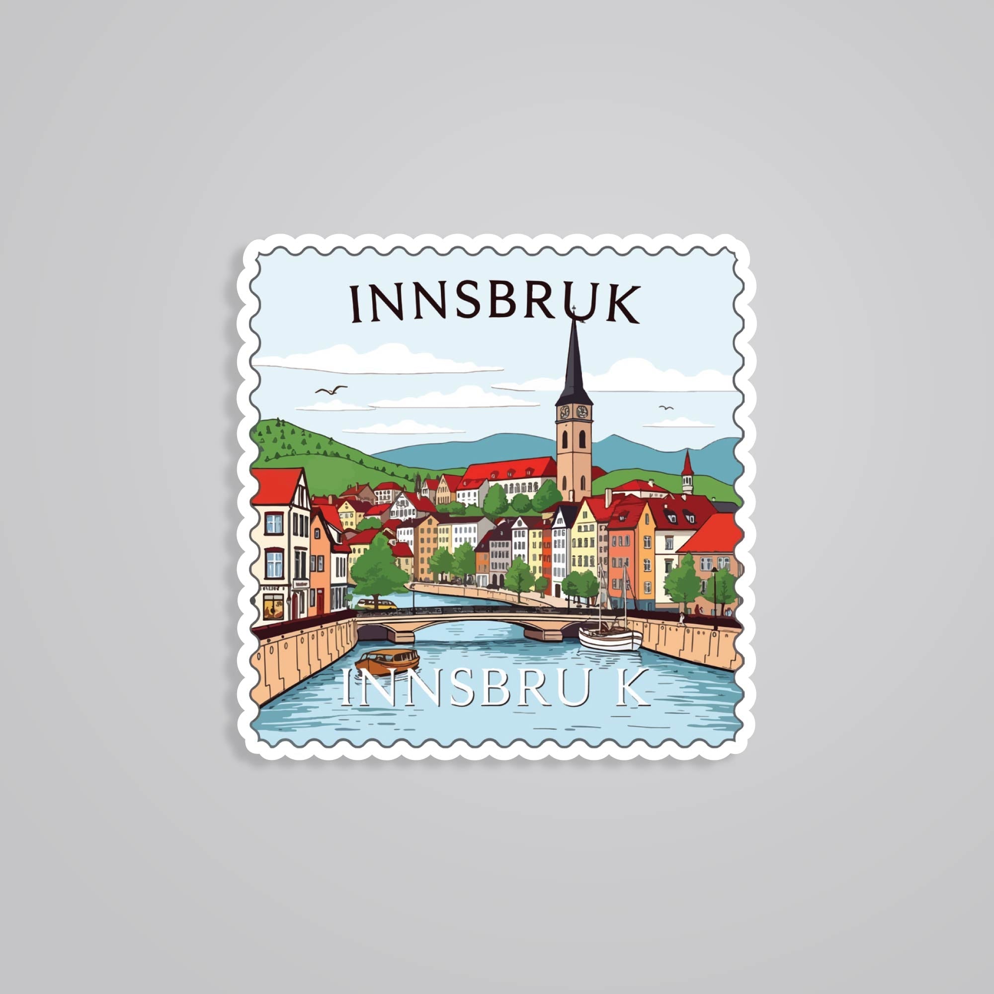 Fomo Store Stickers Travels Innsbruck Mountain Village and River Post Stamp