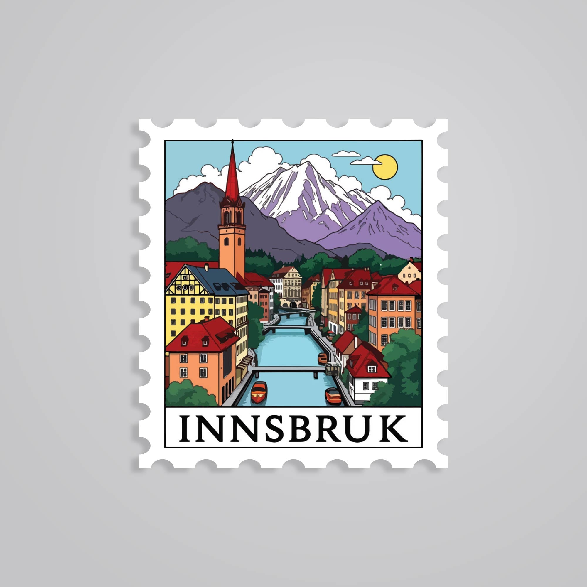 Fomo Store Stickers Travels Innsbruck Mountain Village and River Views Post Stamp