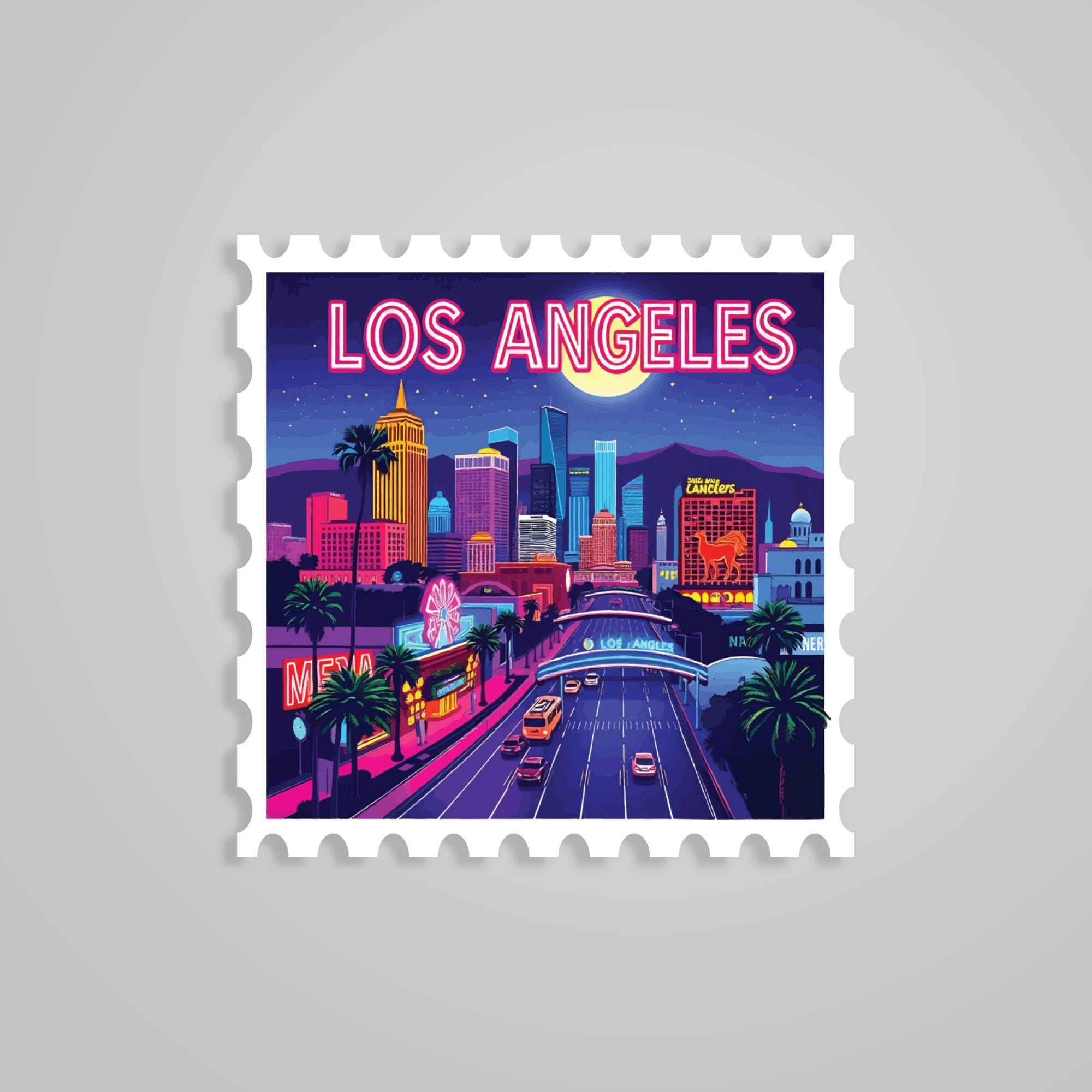 Fomo Store Stickers Travels Los Angeles Neon Night Skyline Post Stamp