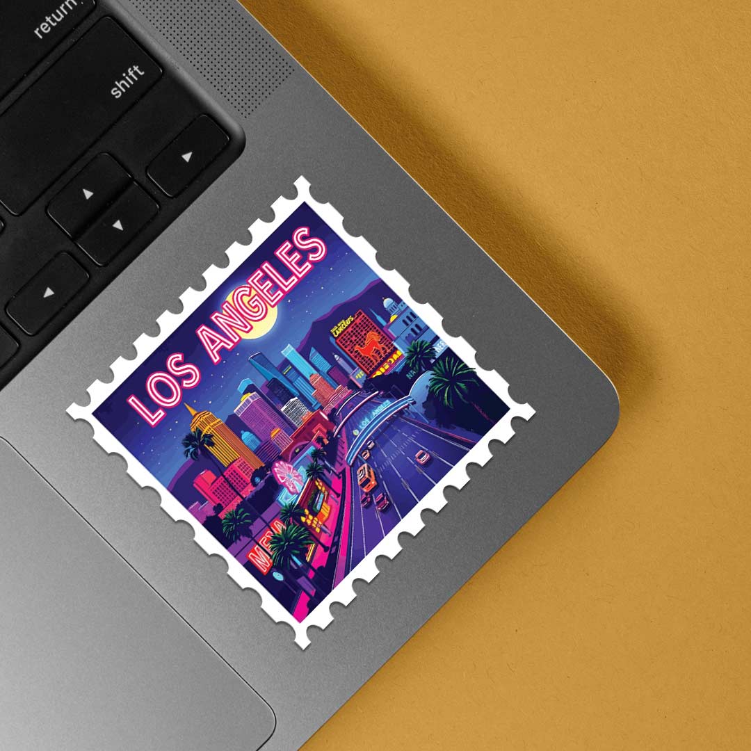 Los Angeles Neon Night Skyline Post Stamp Travels Stickers