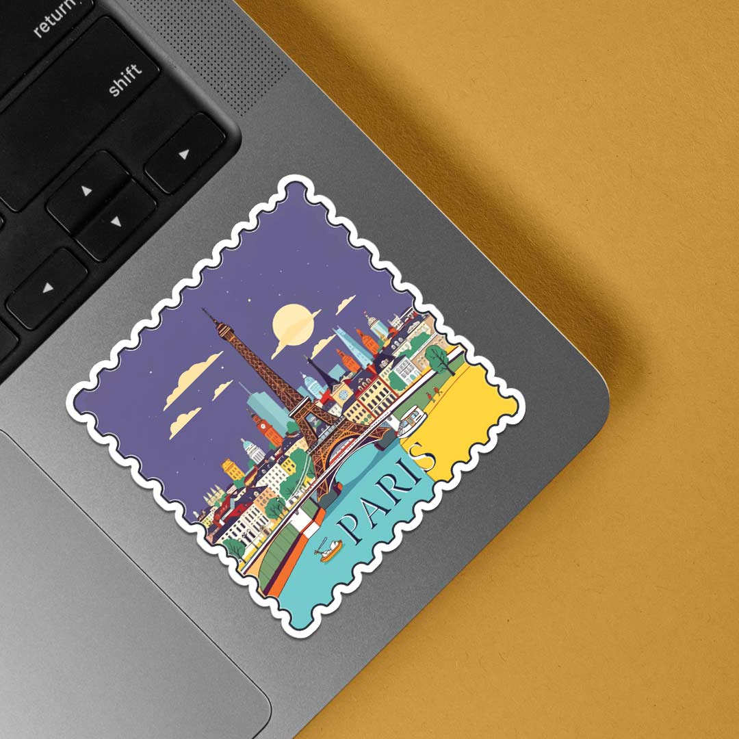 Paris Eiffel Tower Night Skyline Post Stamp Travels Stickers