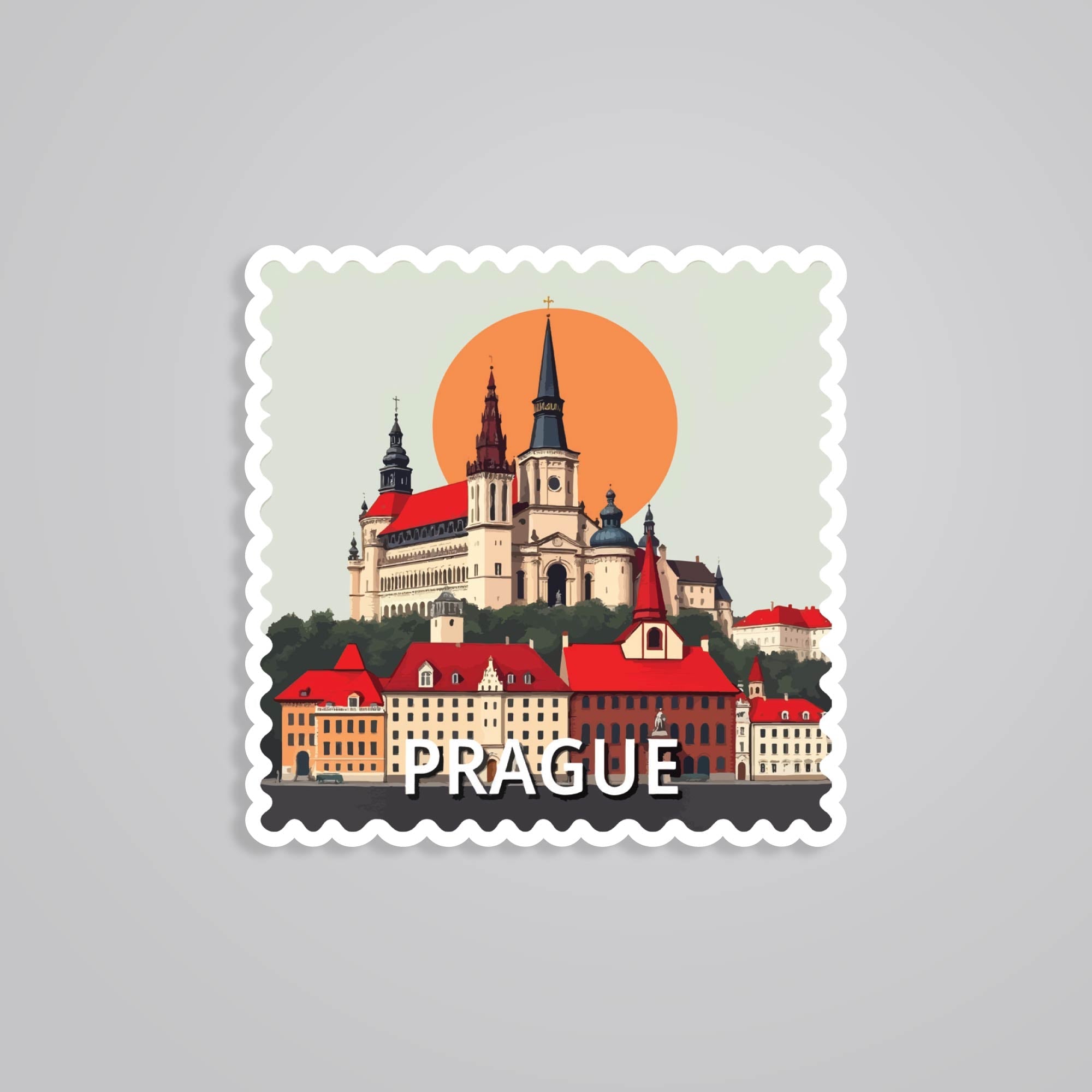 Fomo Store Stickers Travels Prague Historic Church and Sunset Post Stamp