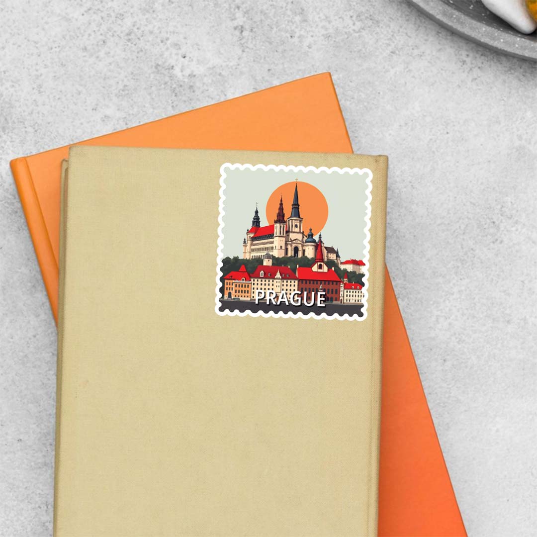 Prague Historic Church and Sunset Post Stamp Travels Stickers