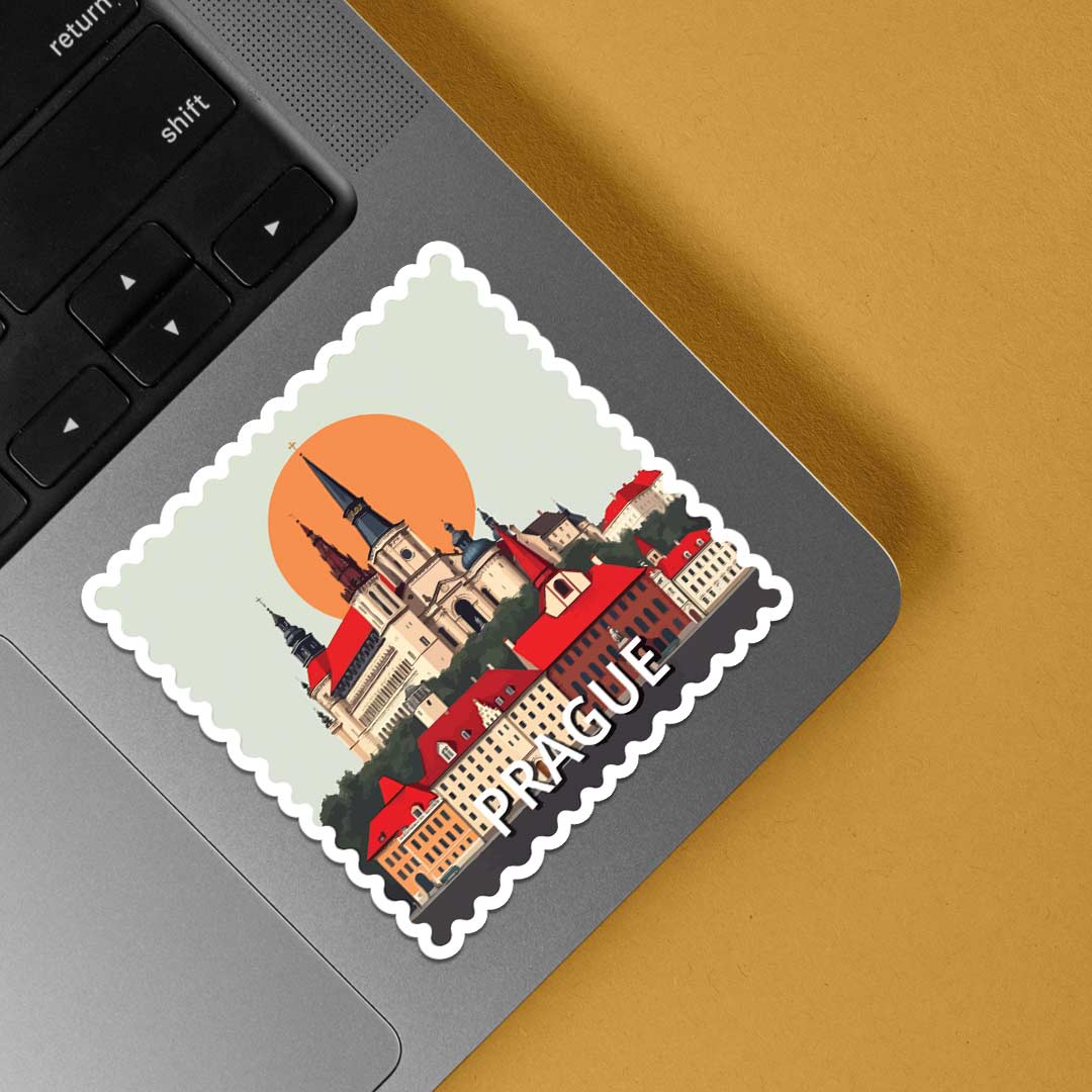 Prague Historic Church and Sunset Post Stamp Travels Stickers