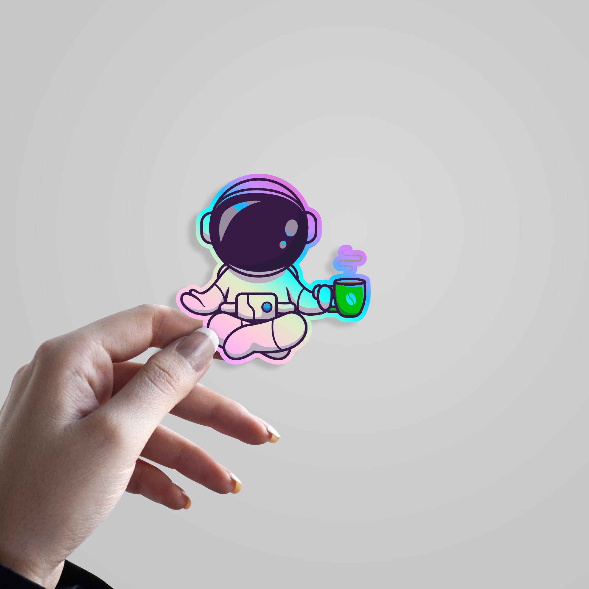 Yoga with Cup Astronaut Holographic Stickers