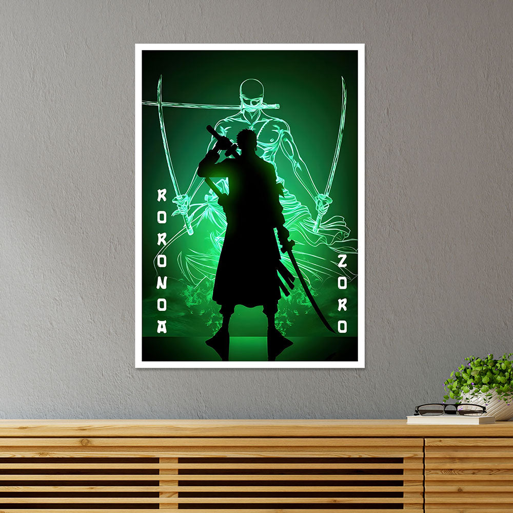 Zoro in Green Fluorescent Background Anime Poster