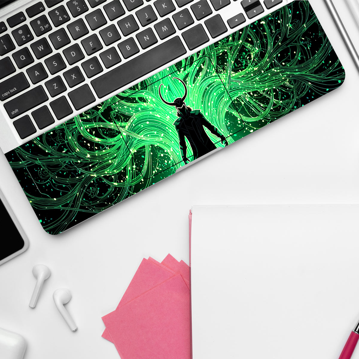 Loki - Glowing Green with Roots Behind Comics Laptop Skin