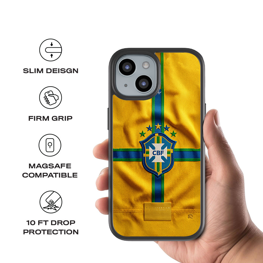 Brazil Football Crest Sports 3D Skin with Shockguard Armour Magsafe Case for Apple iPhone 15 Plus