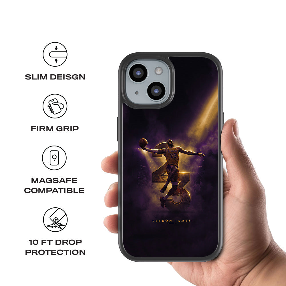 LeBron James King 23 Basketball Sports 3D Skin with Shockguard Armour Magsafe Case for Apple iPhone 15 Plus