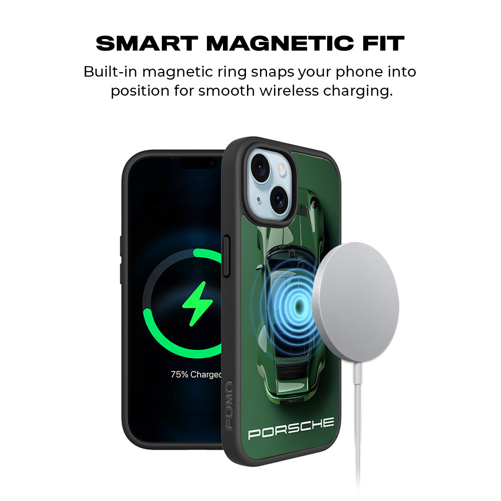 Dark Green Porsche 3D Skin with Shockguard Armour Magsafe Case for Apple iPhone 15