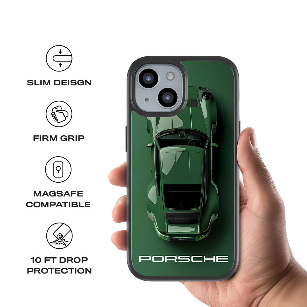 Dark Green Porsche 3D Skin with Shockguard Armour Magsafe Case for Apple iPhone 15