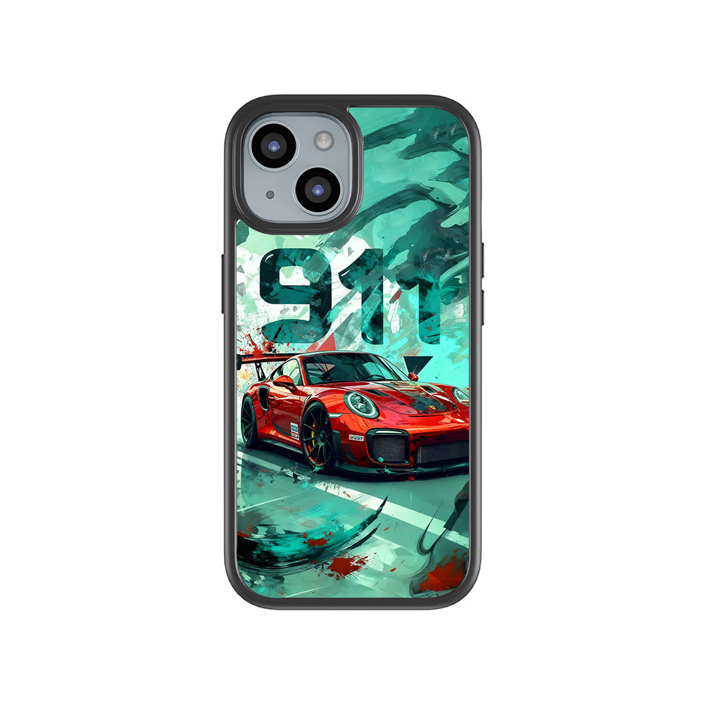 Red Porsche GT 911 3D Skin with Shockguard Armour Magsafe Case for Apple iPhone 15