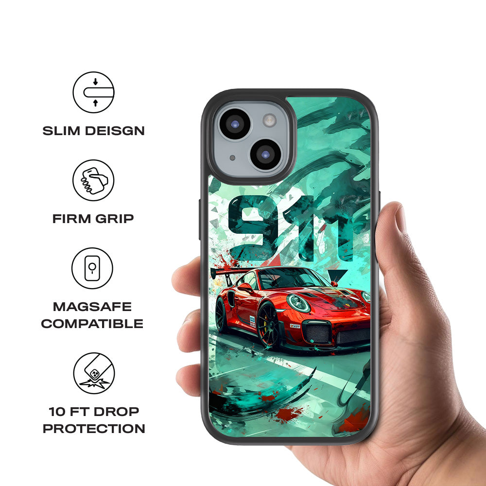 Red Porsche GT 911 3D Skin with Shockguard Armour Magsafe Case for Apple iPhone 15
