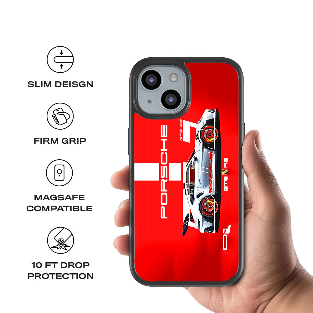 Porsche GT3 Silver Blaze 3D Skin with Shockguard Armour Magsafe Case for Apple iPhone 15