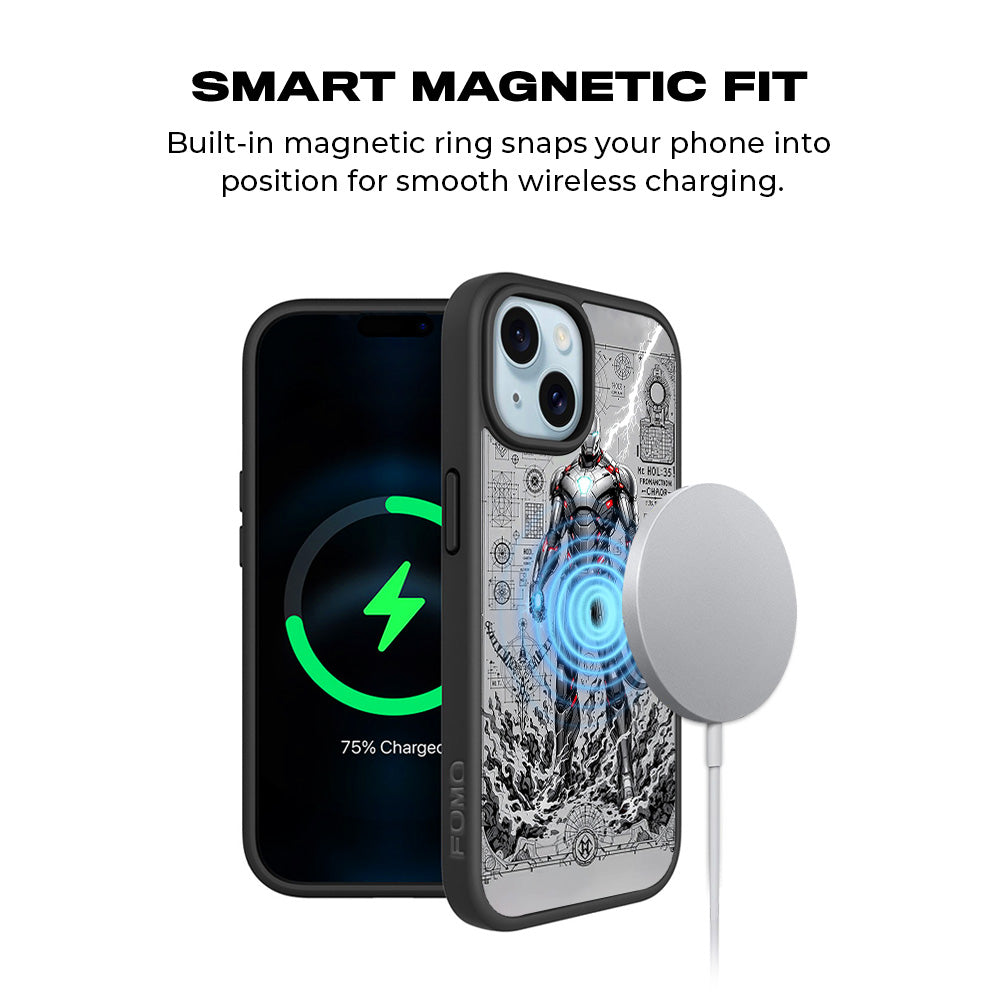 Armored Avenger Reforged in Silver Fire Comics 3D Skin with Shockguard Armour Magsafe Case for Apple iPhone 15