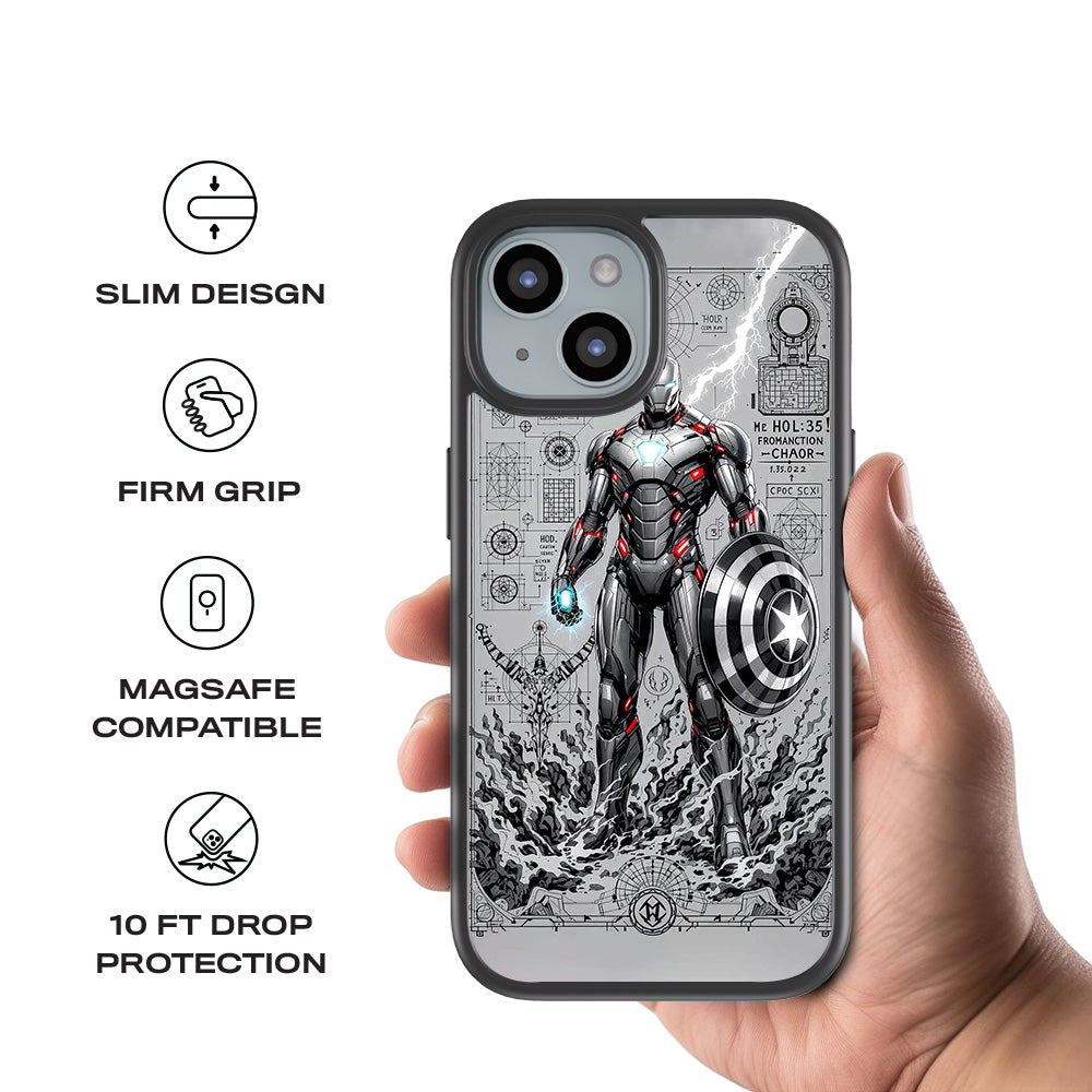 Armored Avenger Reforged in Silver Fire Comics 3D Skin with Shockguard Armour Magsafe Case for Apple iPhone 15