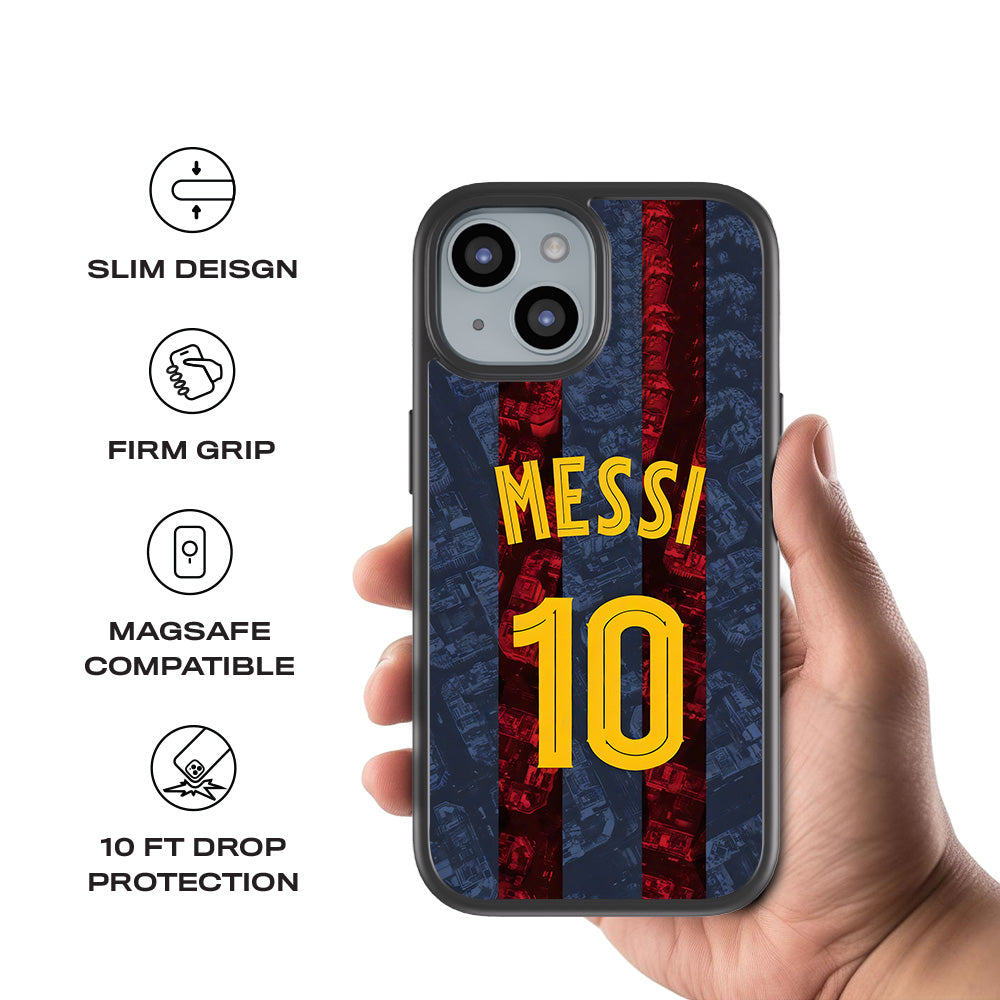Messi Barcelona Jersey 3D Skin with Shockguard Armour Magsafe Case for Apple iPhone 15 Plus