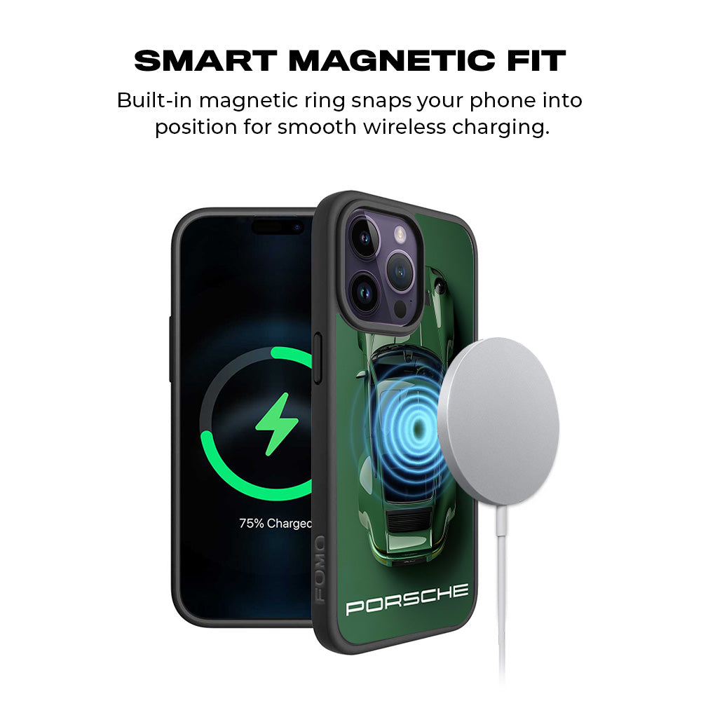 Dark Green Porsche 3D Skin with Shockguard Armour Magsafe Case for Apple iPhone 15 Pro
