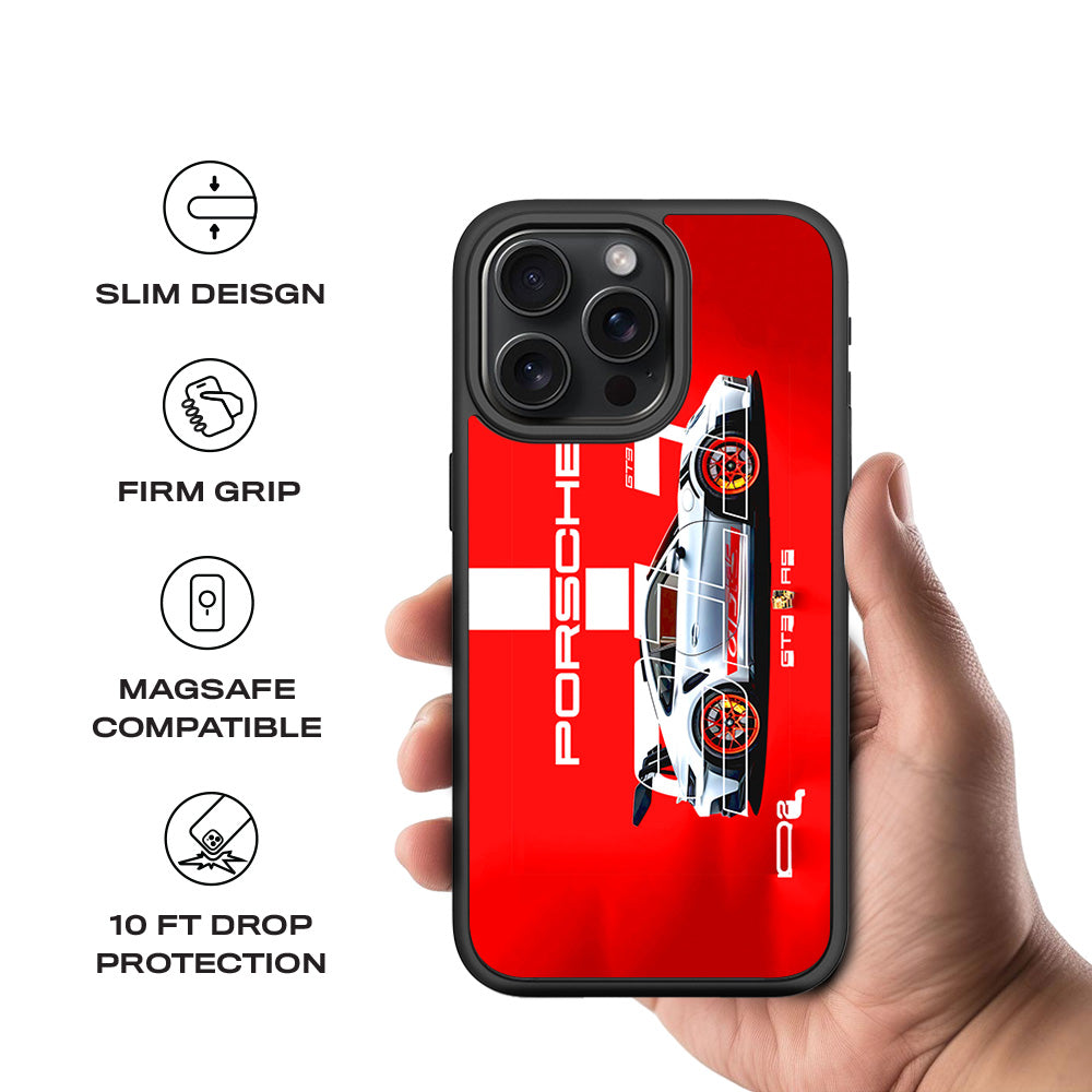 Porsche GT3 Silver Blaze 3D Skin with Shockguard Armour Magsafe Case for Apple iPhone 15 Pro