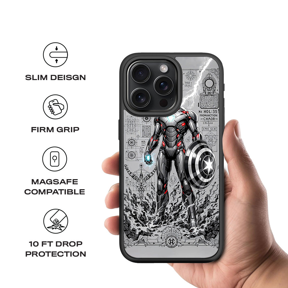Armored Avenger Reforged in Silver Fire Comics 3D Skin with Shockguard Armour Magsafe Case for Apple iPhone 15 Pro