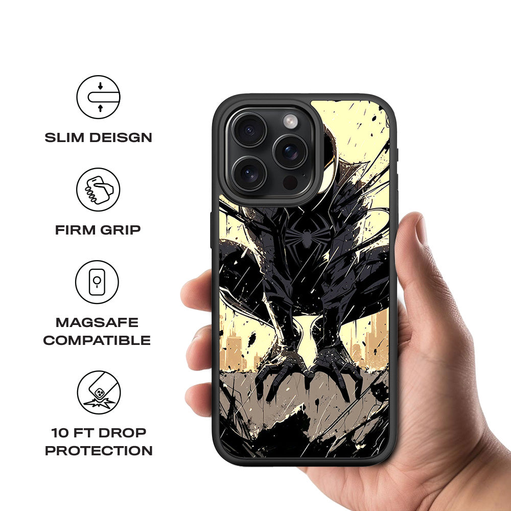 The Venomous Shadow in Black Silence Comics 3D Skin with Shockguard Armour Magsafe Case for Apple iPhone 15 Pro