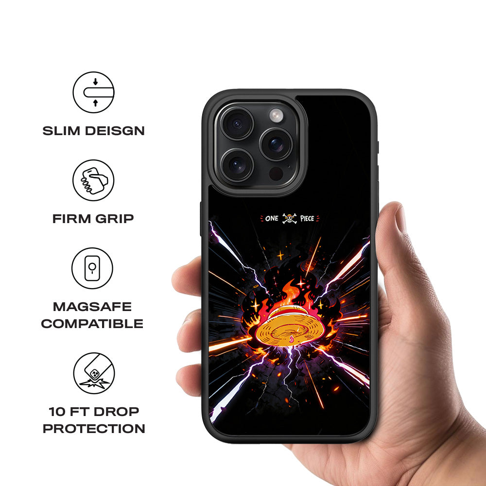One Piece Fire Hat 3D Skin with Shockguard Armour Magsafe Case for Apple iPhone 15 Pro