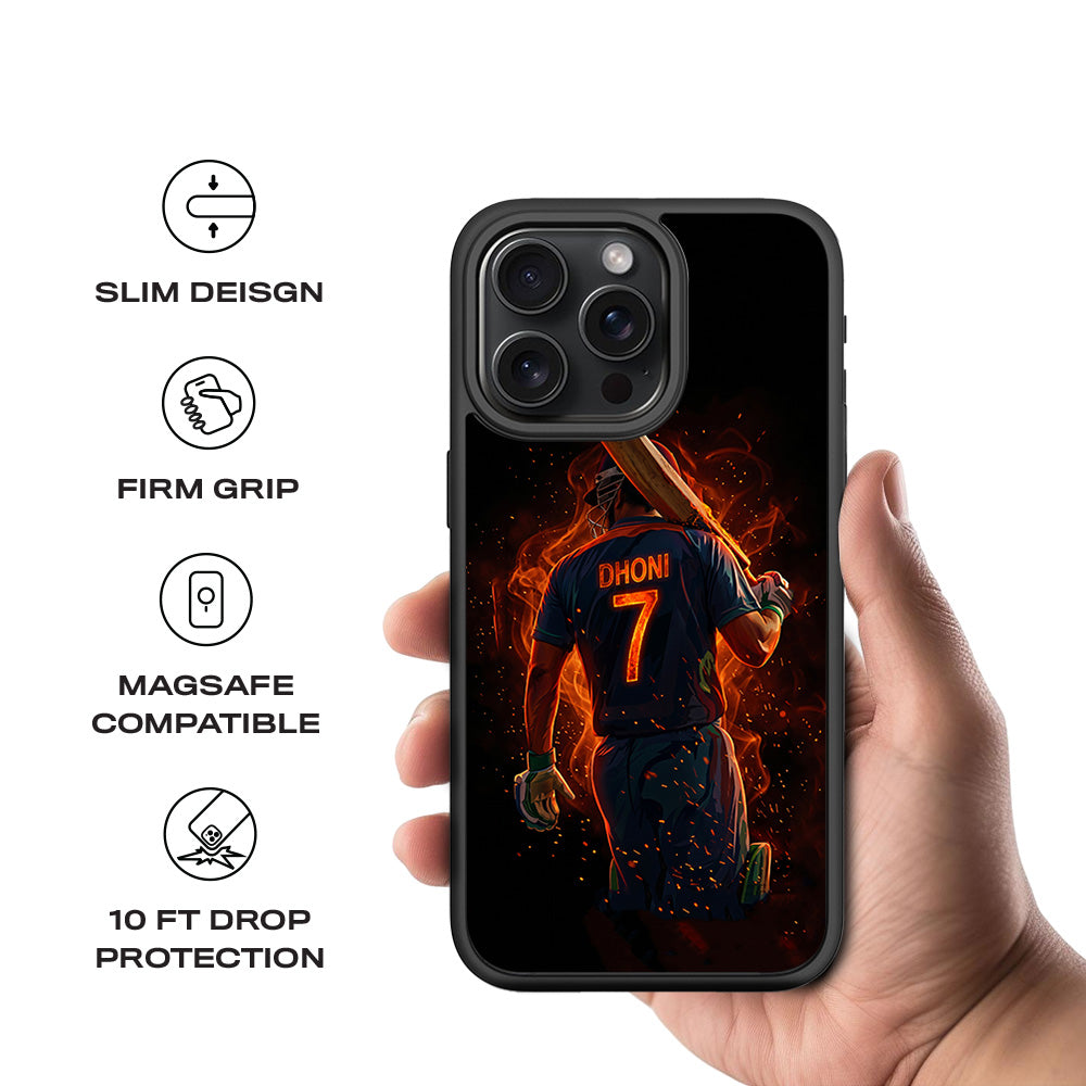 MS Dhoni Inferno Seven Cricket Sports 3D Skin with Shockguard Armour Magsafe Case for Apple iPhone 15 Pro