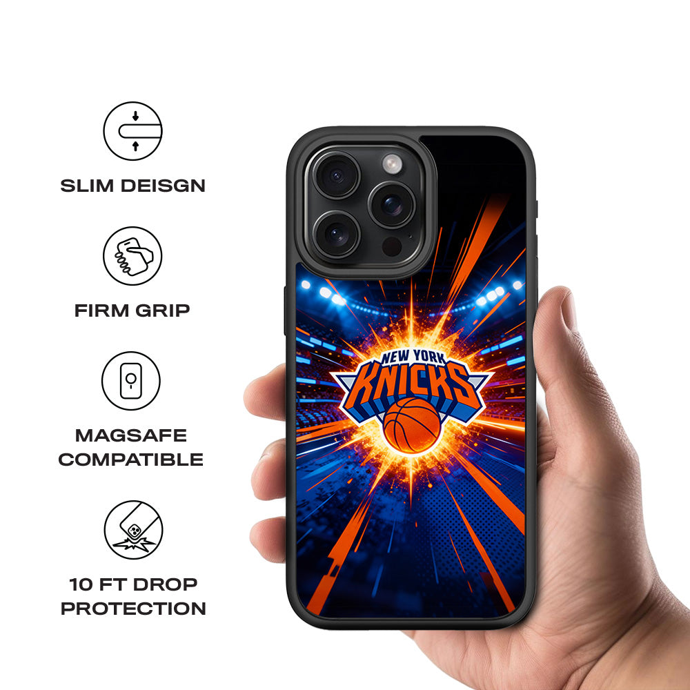 New York Knicks Arena Burst Sports 3D Skin with Shockguard Armour Magsafe Case for Apple iPhone 15 Pro Max