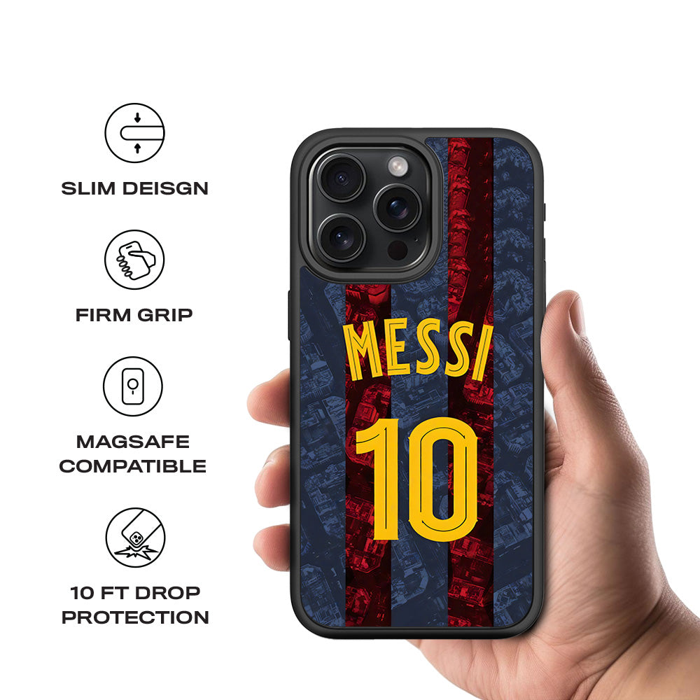 Messi Barcelona Jersey 3D Skin with Shockguard Armour Magsafe Case for Apple iPhone 15 Pro